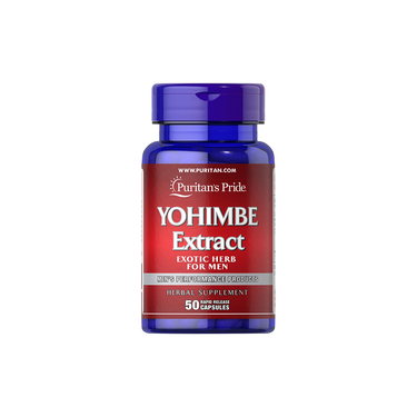 Puritan's Pride Yohimbe Extract 250 mg comes in a blue bottle with 50 rapid release capsules, marketed as an herbal supplement for men seeking natural aphrodisiac benefits.